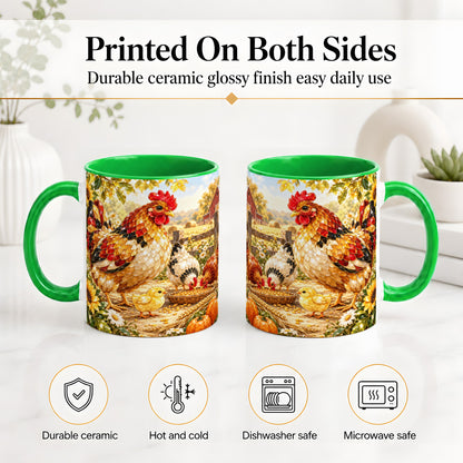 #pl[11oz|Green] Autumn Chicken Farm Ceramic Mug, Sunflower Harvest Artwork