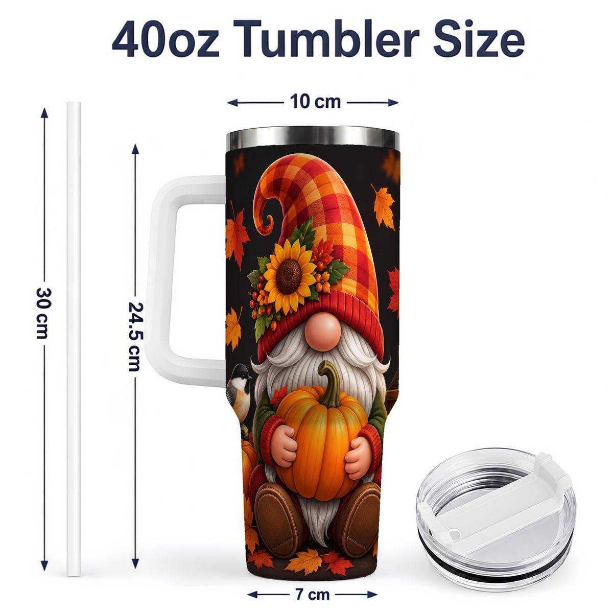 #pl[40oz|White] Autumn Gnome Pumpkin 40oz Tumbler with Sunflower and Lantern