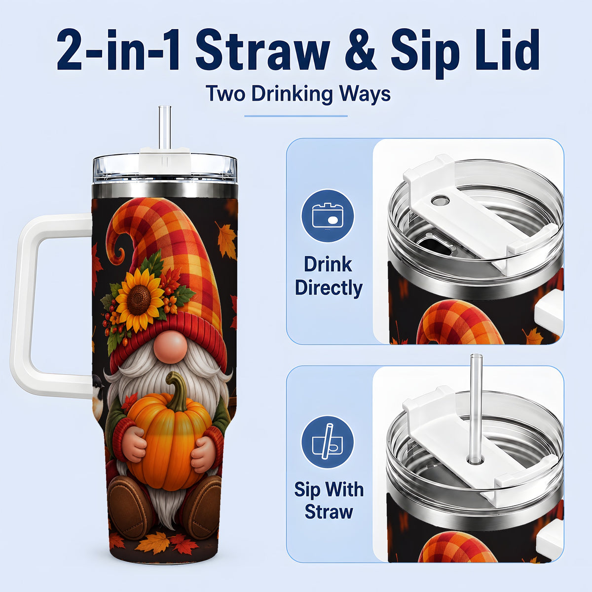#pl[40oz|White] Autumn Gnome Pumpkin 40oz Tumbler with Sunflower and Lantern