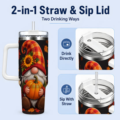 #pl[40oz|White] Autumn Gnome Pumpkin 40oz Tumbler with Sunflower and Lantern