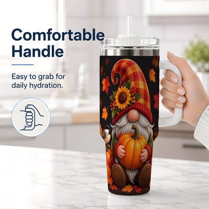 #pl[40oz|White] Autumn Gnome Pumpkin 40oz Tumbler with Sunflower and Lantern