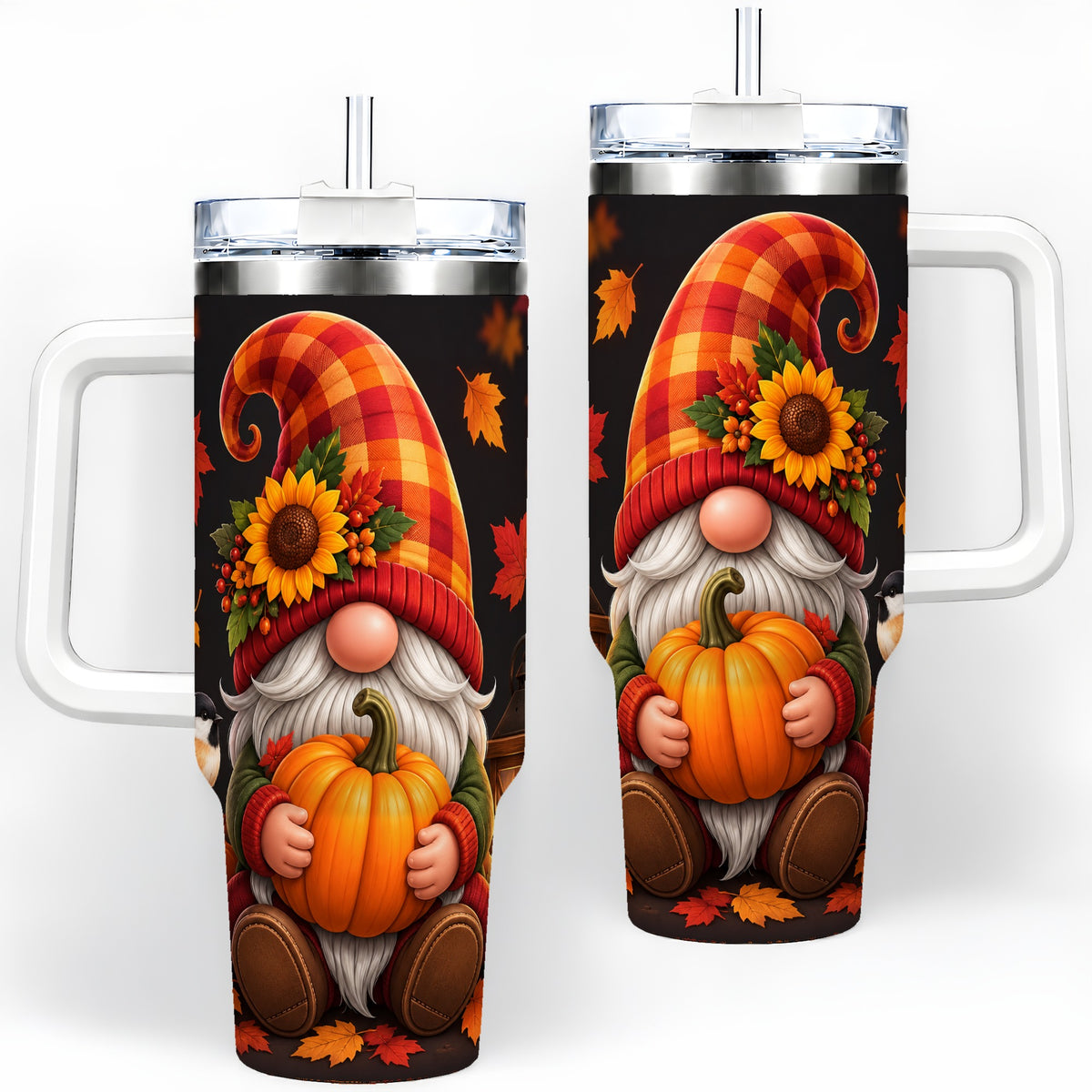 Autumn Gnome Pumpkin 40oz Tumbler with Sunflower and Lantern