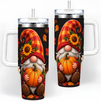 Autumn Gnome Pumpkin 40oz Tumbler with Sunflower and Lantern