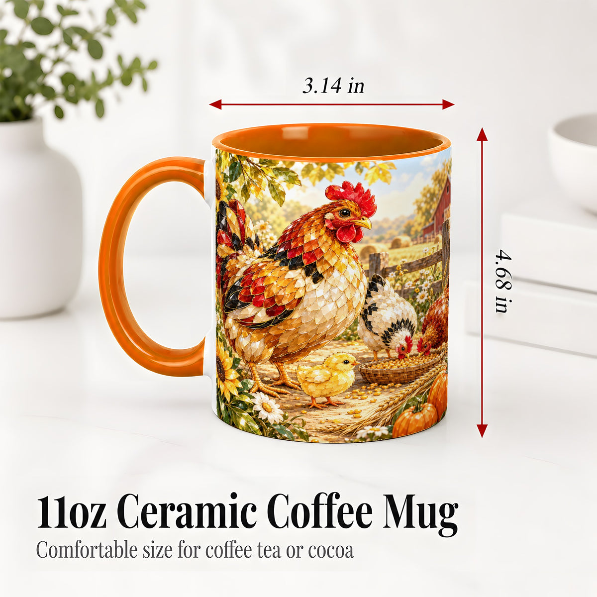 #pl[11oz|Orange] Autumn Chicken Farm Ceramic Mug, Sunflower Harvest Artwork