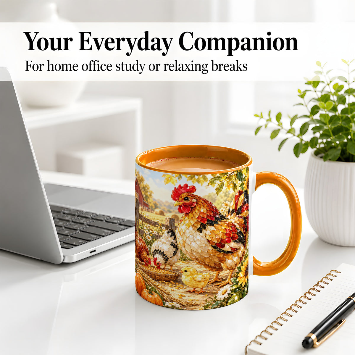 #pl[11oz|Orange] Autumn Chicken Farm Ceramic Mug, Sunflower Harvest Artwork