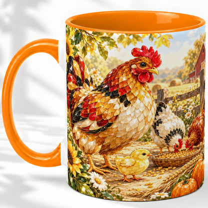 #pl[11oz|Orange] Autumn Chicken Farm Ceramic Mug, Sunflower Harvest Artwork