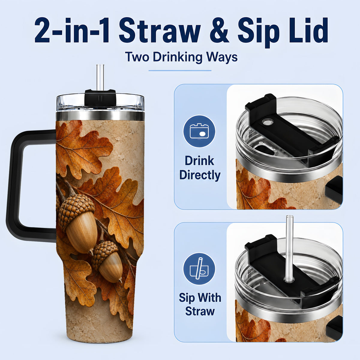 #pl[40oz|Black] Autumn Acorn Oak Leaf 40oz Tumbler with Rustic Fall Artwork