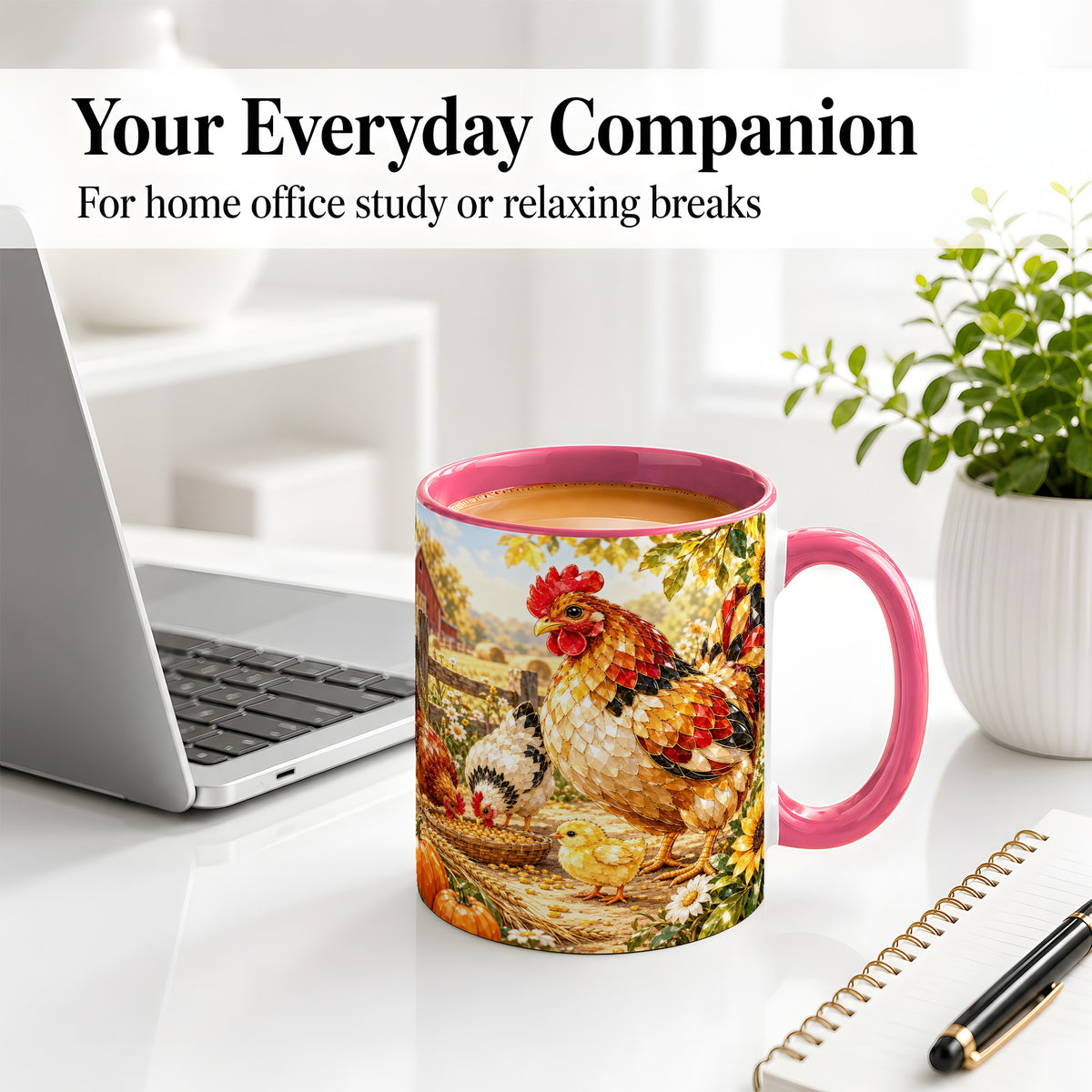 #pl[11oz|Pink] Autumn Chicken Farm Ceramic Mug, Sunflower Harvest Artwork