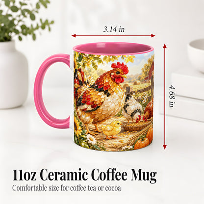 #pl[11oz|Pink] Autumn Chicken Farm Ceramic Mug, Sunflower Harvest Artwork