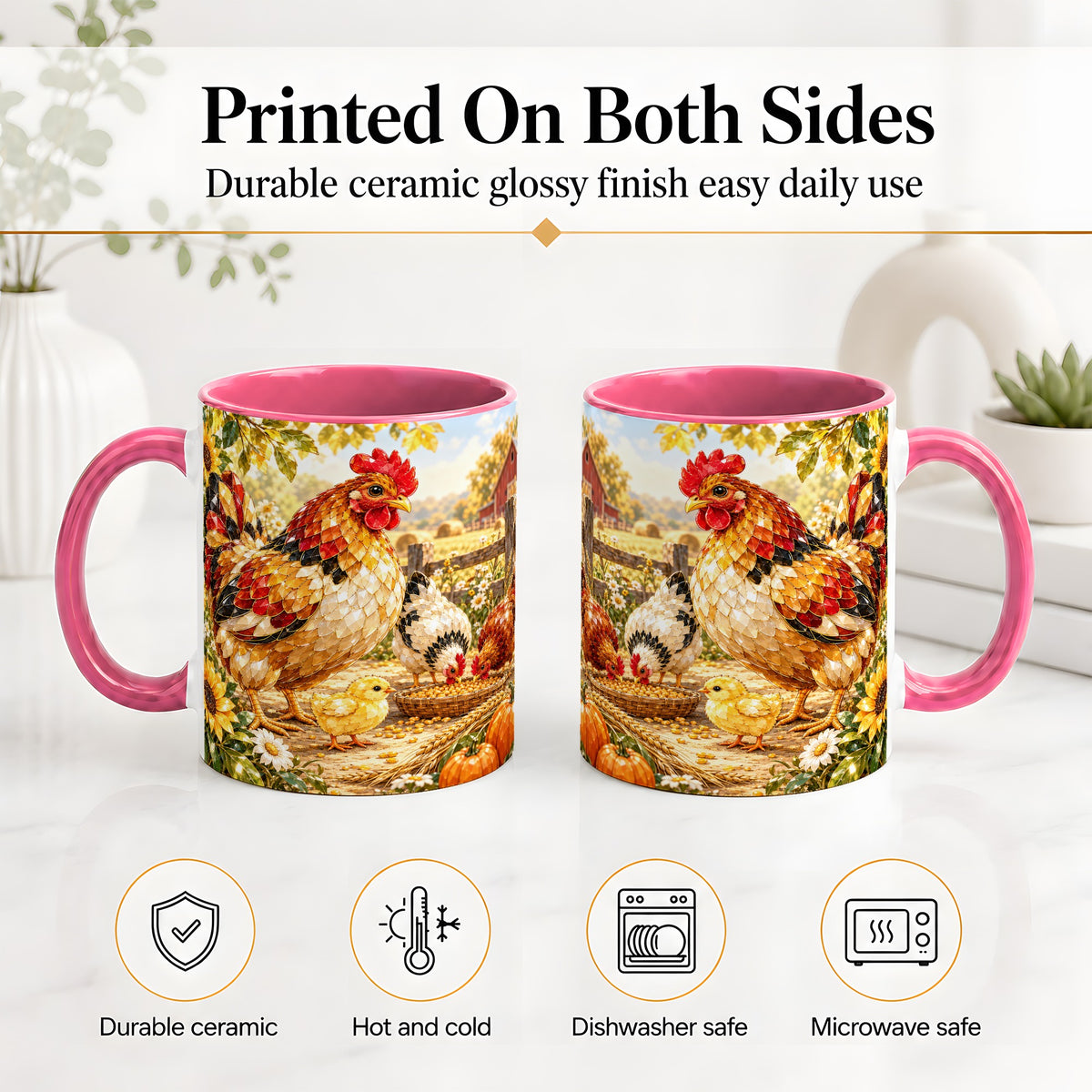 #pl[11oz|Pink] Autumn Chicken Farm Ceramic Mug, Sunflower Harvest Artwork