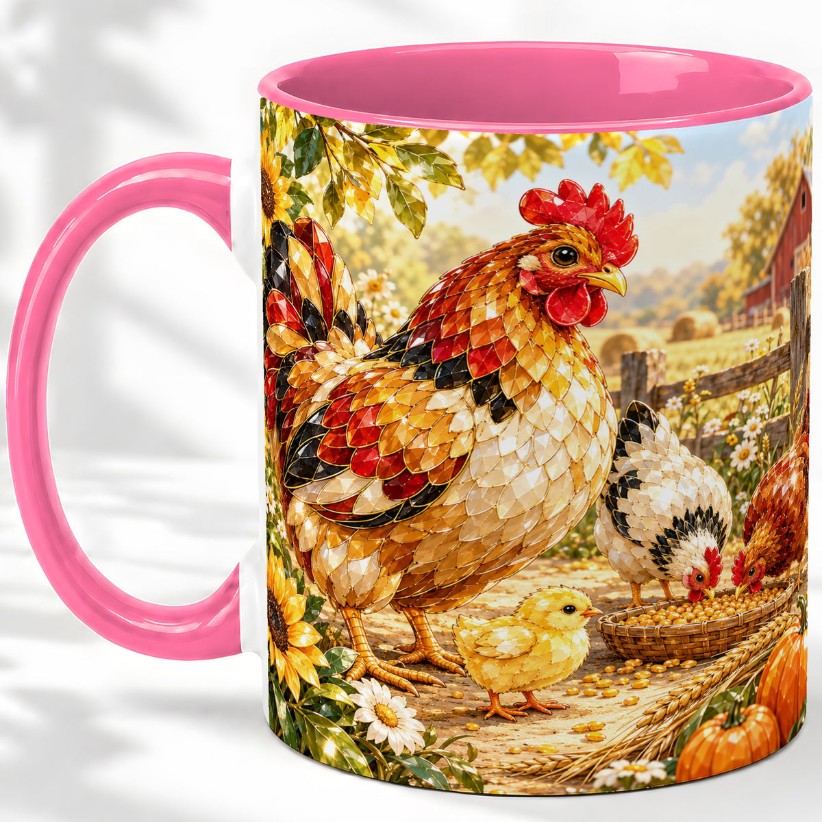 #pl[11oz|Pink] Autumn Chicken Farm Ceramic Mug, Sunflower Harvest Artwork