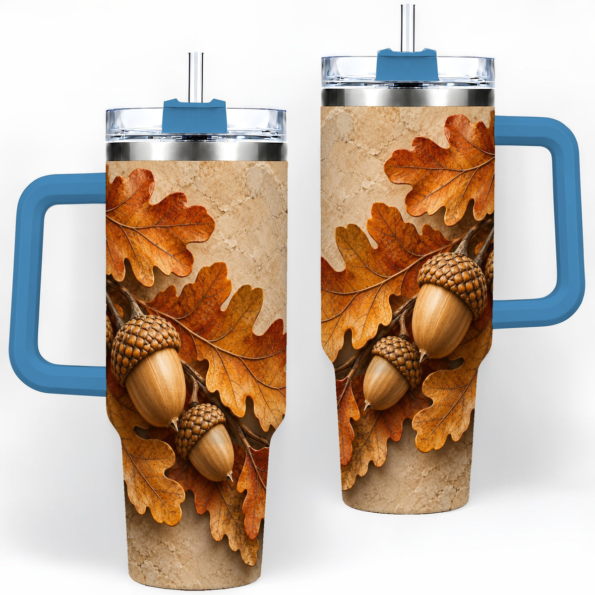 #pl[40oz|Blue] Autumn Acorn Oak Leaf 40oz Tumbler with Rustic Fall Artwork