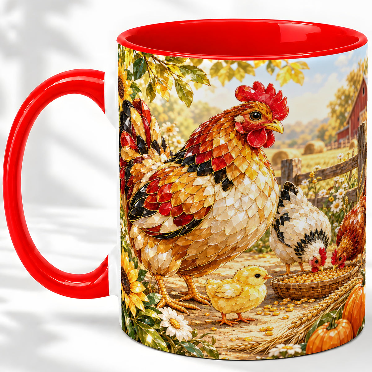 Autumn Chicken Farm Ceramic Mug, Sunflower Harvest Artwork