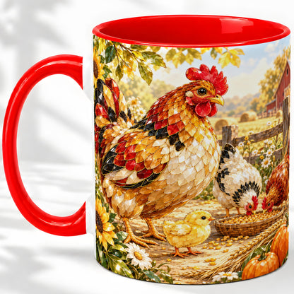 Autumn Chicken Farm Ceramic Mug, Sunflower Harvest Artwork