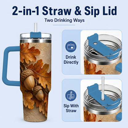 #pl[40oz|Blue] Autumn Acorn Oak Leaf 40oz Tumbler with Rustic Fall Artwork