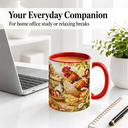 #pl[11oz|Red] Autumn Chicken Farm Ceramic Mug, Sunflower Harvest Artwork