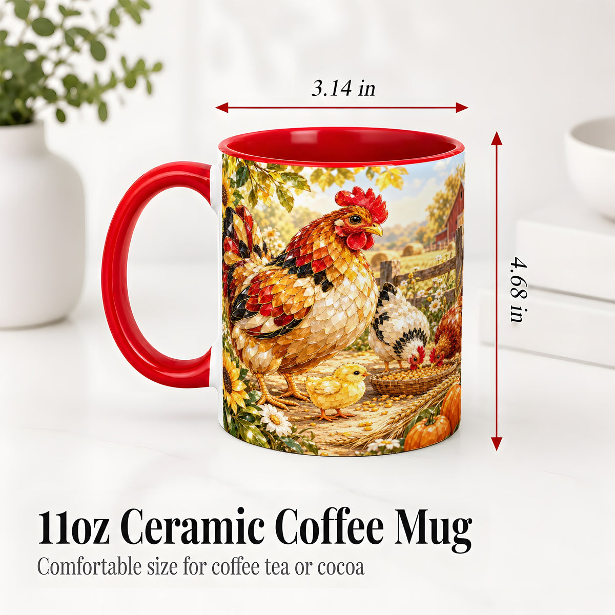 #pl[11oz|Red] Autumn Chicken Farm Ceramic Mug, Sunflower Harvest Artwork