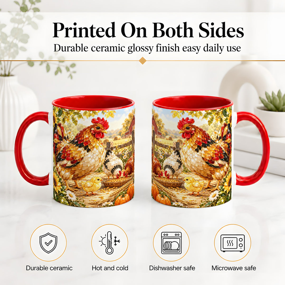 #pl[11oz|Red] Autumn Chicken Farm Ceramic Mug, Sunflower Harvest Artwork