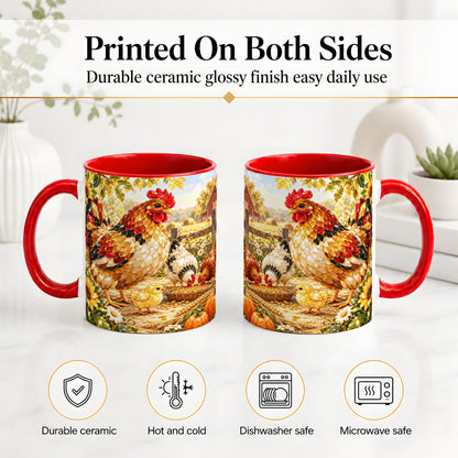 #pl[11oz|Red] Autumn Chicken Farm Ceramic Mug, Sunflower Harvest Artwork