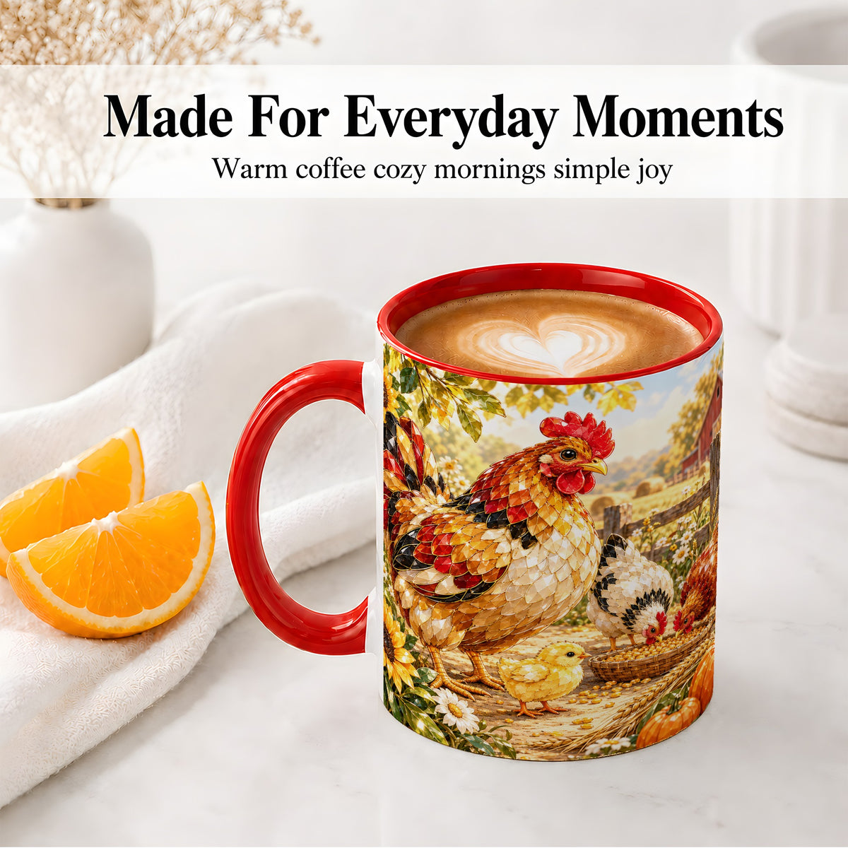 #pl[11oz|Red] Autumn Chicken Farm Ceramic Mug, Sunflower Harvest Artwork