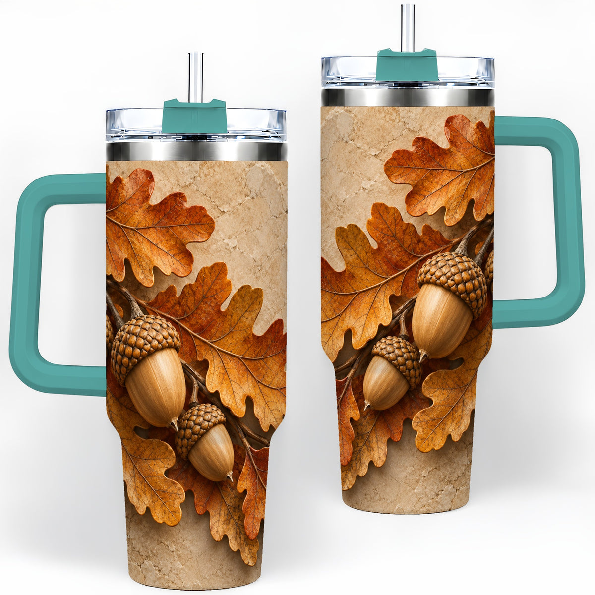 #pl[40oz|Green] Autumn Acorn Oak Leaf 40oz Tumbler with Rustic Fall Artwork