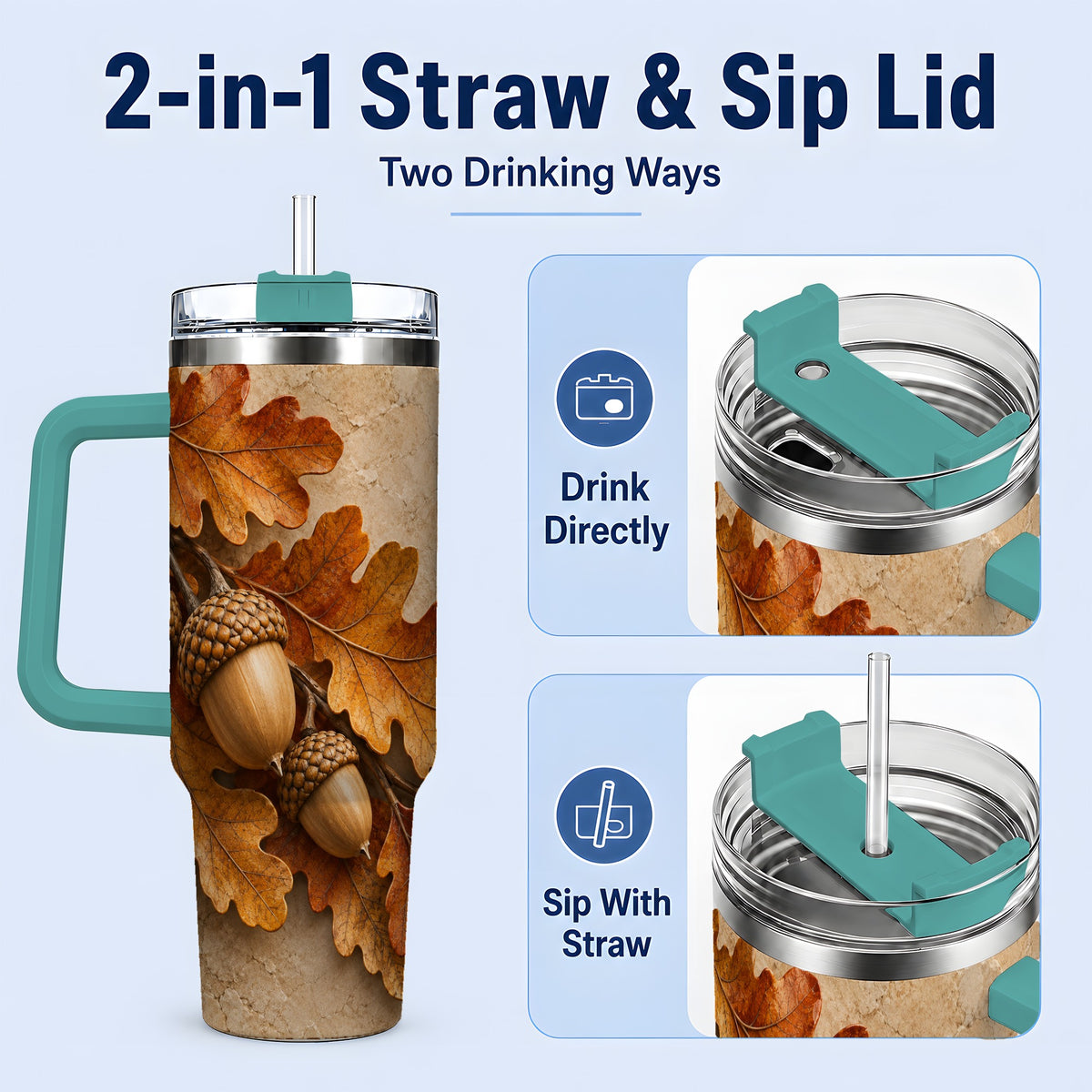 #pl[40oz|Green] Autumn Acorn Oak Leaf 40oz Tumbler with Rustic Fall Artwork