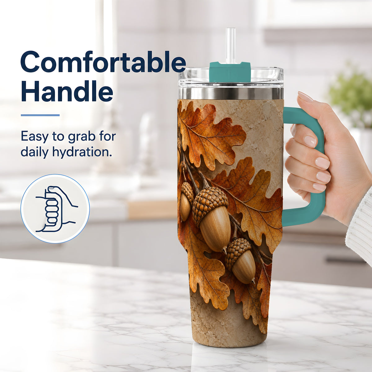 #pl[40oz|Green] Autumn Acorn Oak Leaf 40oz Tumbler with Rustic Fall Artwork