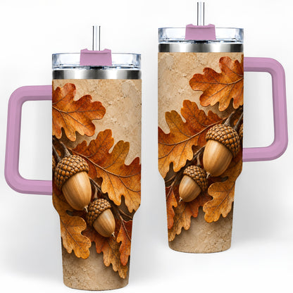 #pl[40oz|Pink] Autumn Acorn Oak Leaf 40oz Tumbler with Rustic Fall Artwork
