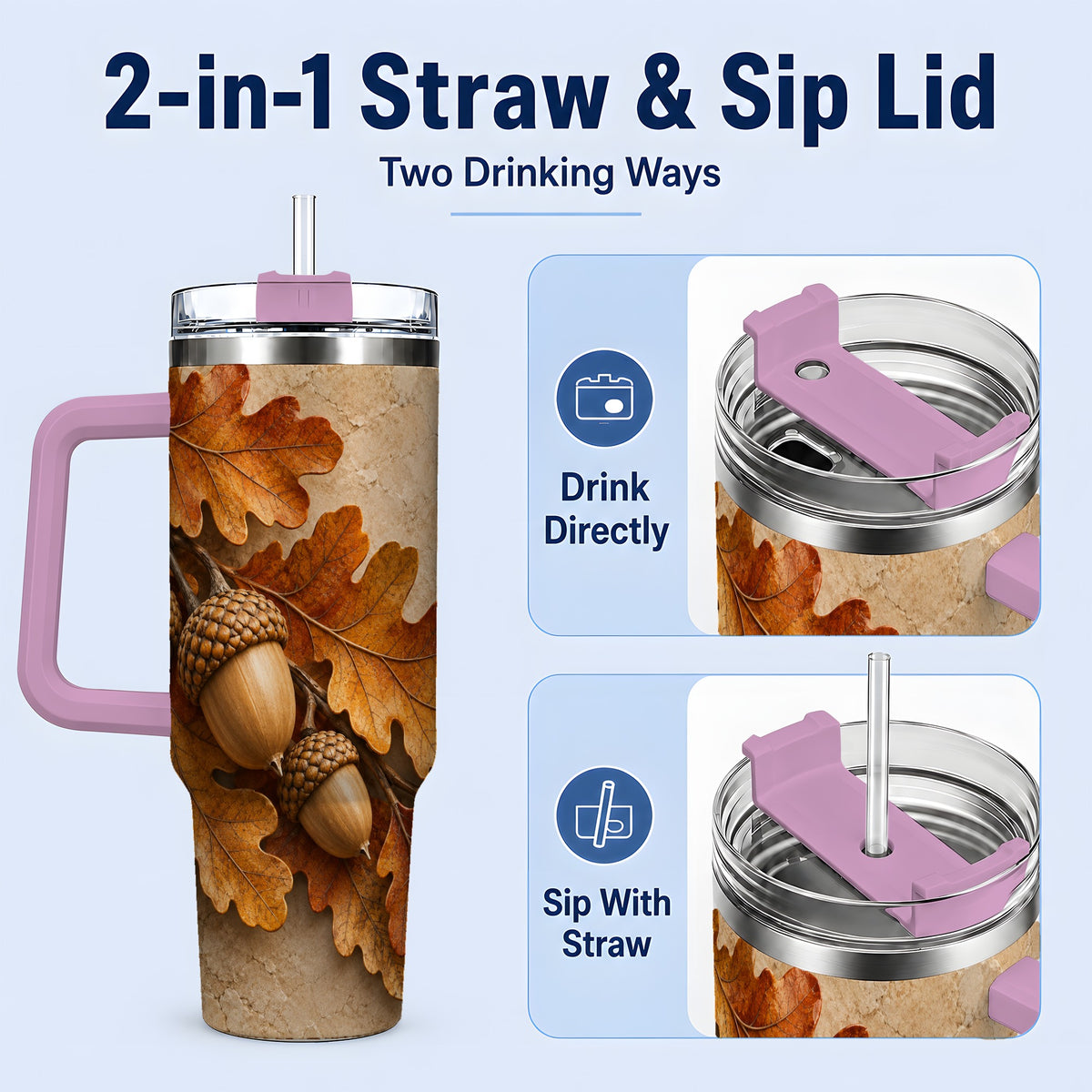 #pl[40oz|Pink] Autumn Acorn Oak Leaf 40oz Tumbler with Rustic Fall Artwork