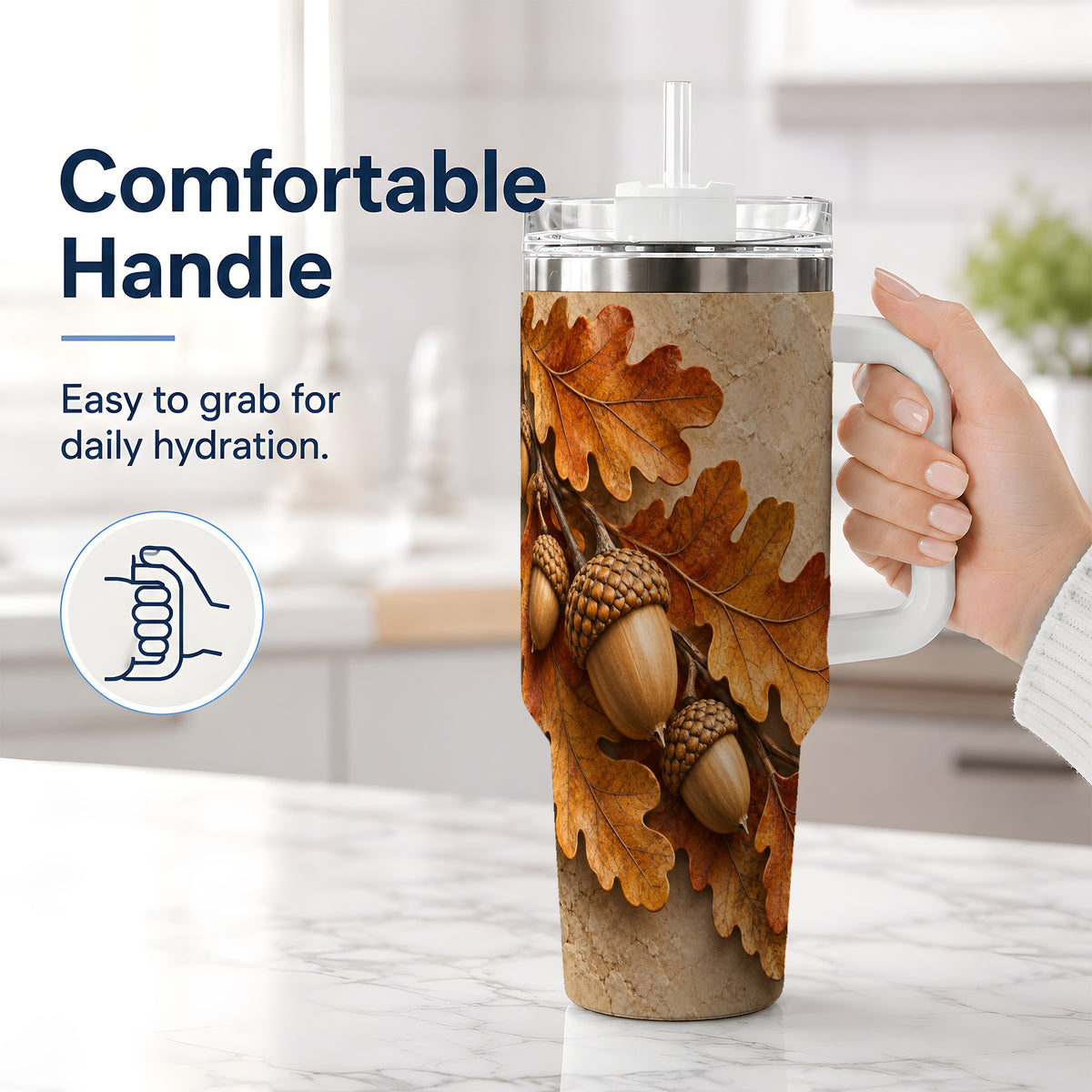 #pl[40oz|White] Autumn Acorn Oak Leaf 40oz Tumbler with Rustic Fall Artwork