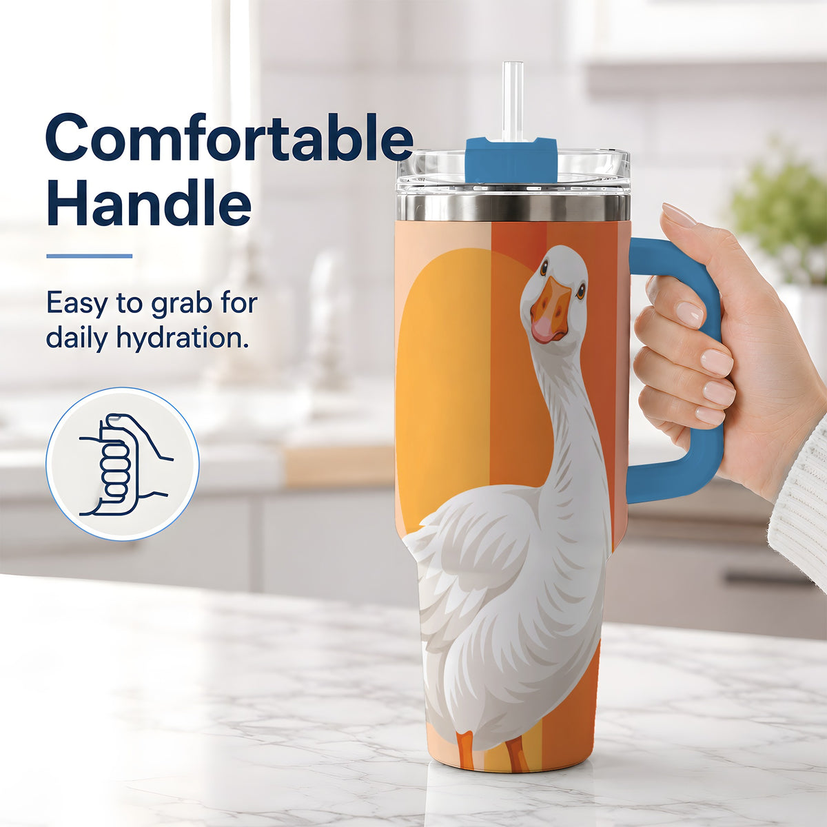 #pl[40oz|Blue] Retro Goose 40oz Tumbler with Orange Stripes and Sun Artwork