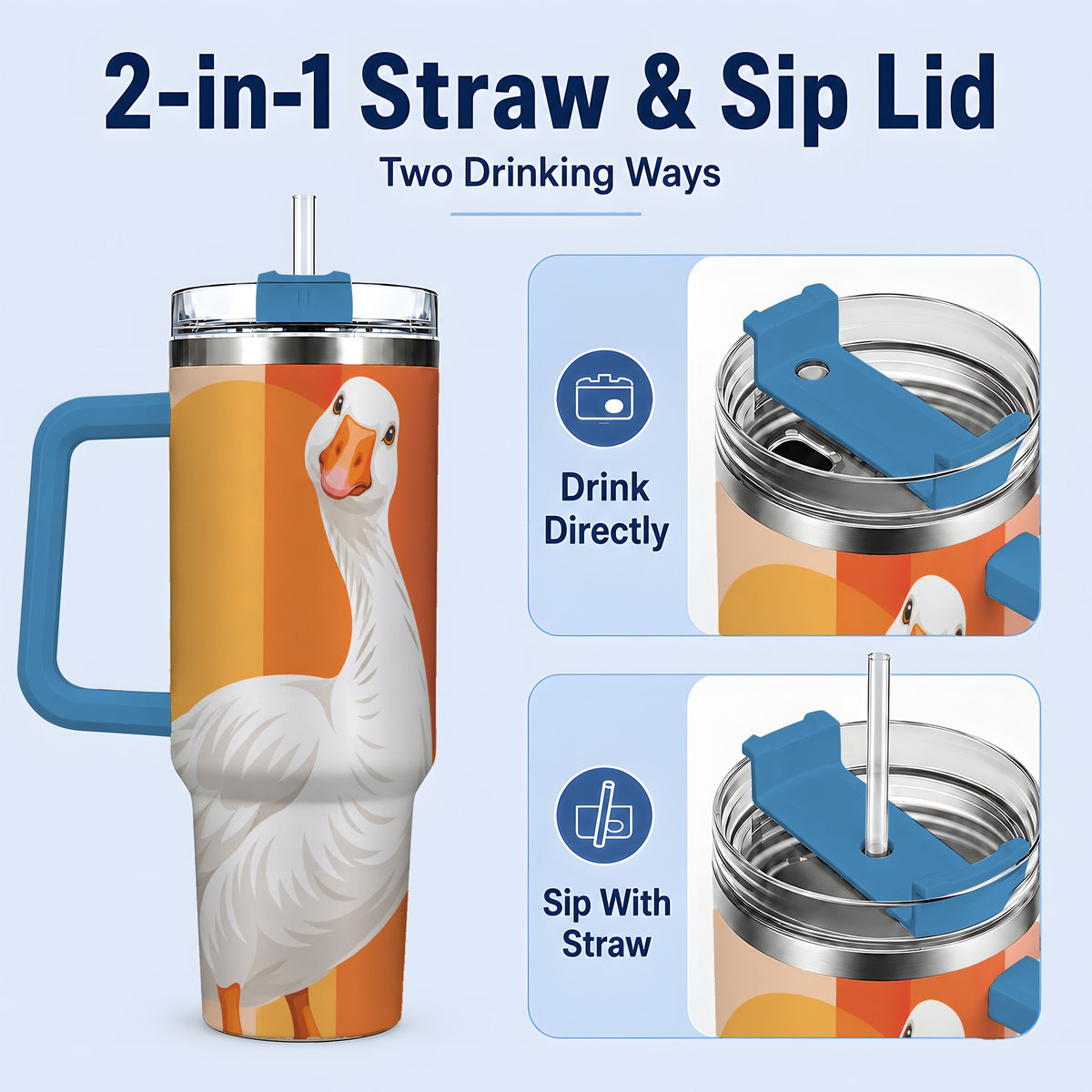 #pl[40oz|Blue] Retro Goose 40oz Tumbler with Orange Stripes and Sun Artwork