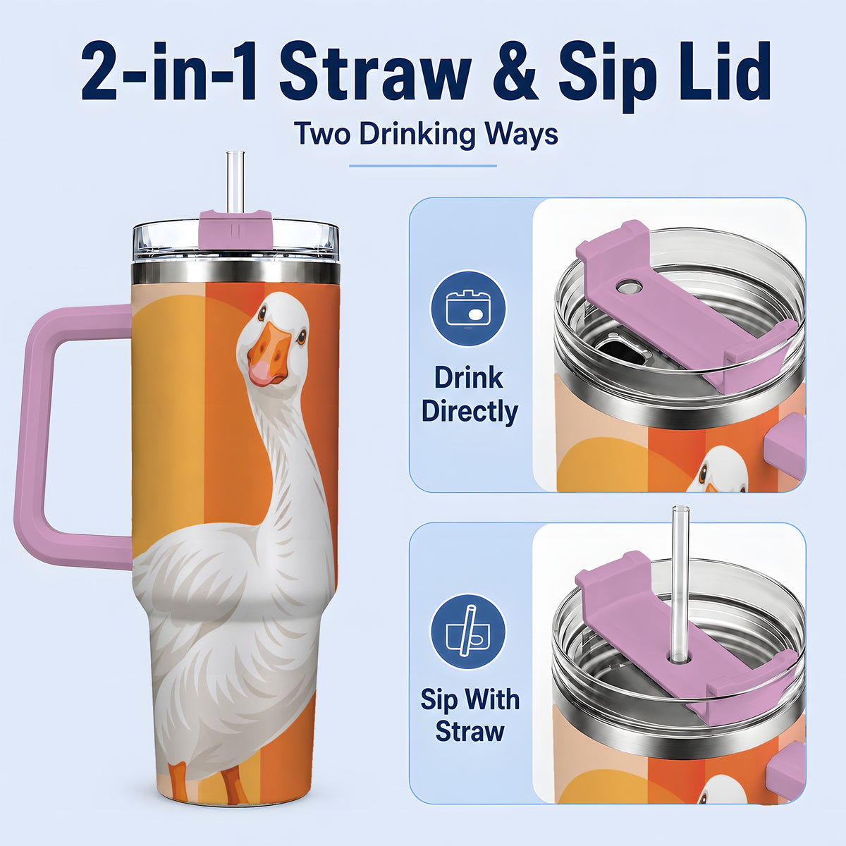 #pl[40oz|Pink] Retro Goose 40oz Tumbler with Orange Stripes and Sun Artwork