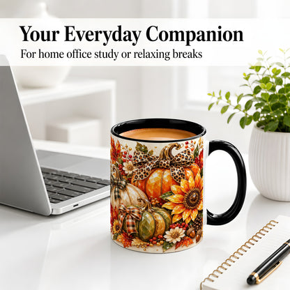 #pl[11oz|Black] Fall Pumpkin Bow Ceramic Mug, Sunflower Maple Leaf Artwork