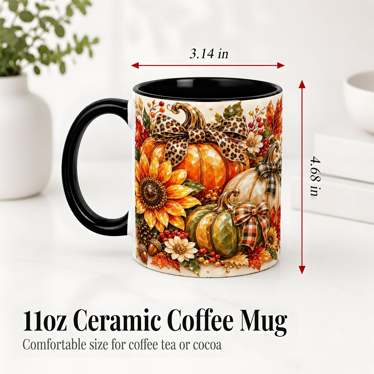 #pl[11oz|Black] Fall Pumpkin Bow Ceramic Mug, Sunflower Maple Leaf Artwork