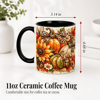 #pl[11oz|Black] Fall Pumpkin Bow Ceramic Mug, Sunflower Maple Leaf Artwork