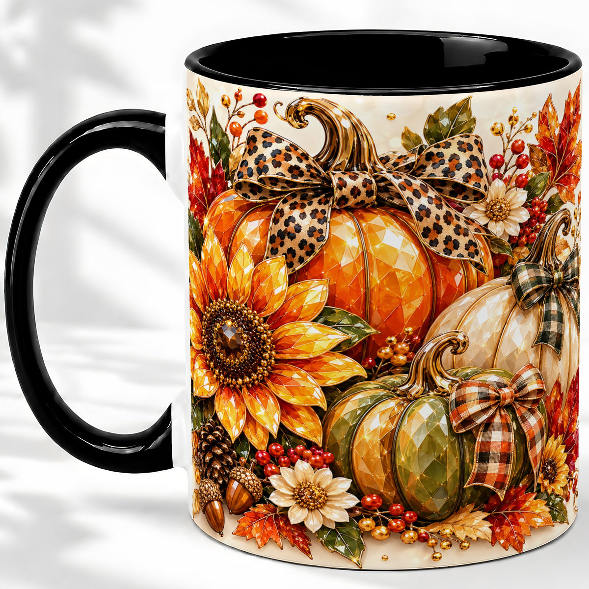 #pl[11oz|Black] Fall Pumpkin Bow Ceramic Mug, Sunflower Maple Leaf Artwork