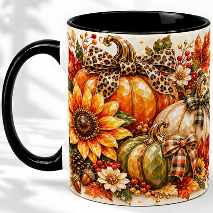 #pl[11oz|Black] Fall Pumpkin Bow Ceramic Mug, Sunflower Maple Leaf Artwork