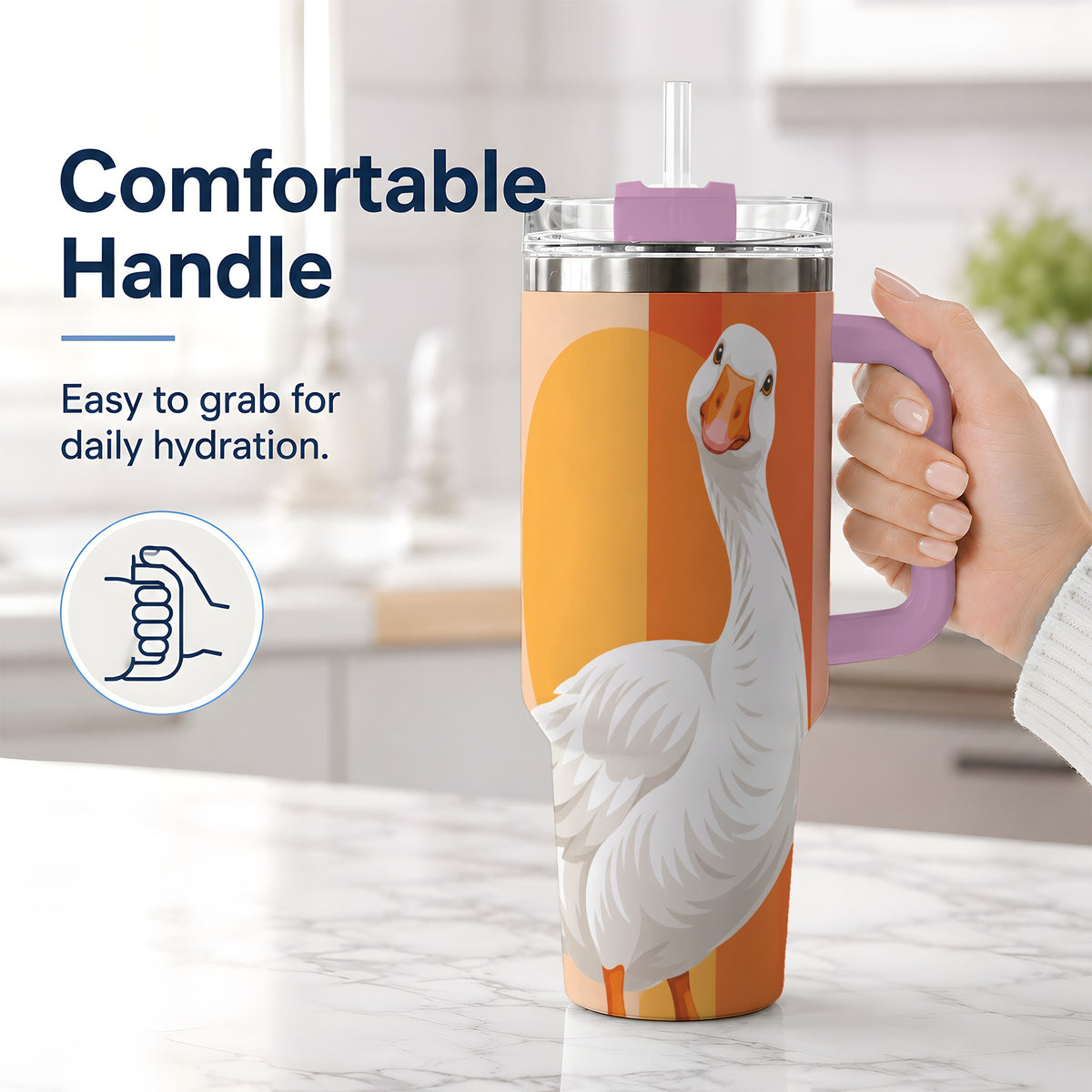 #pl[40oz|Pink] Retro Goose 40oz Tumbler with Orange Stripes and Sun Artwork