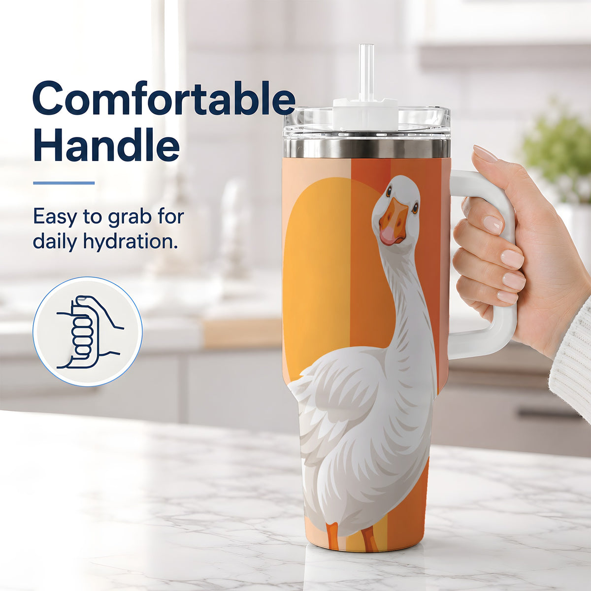 #pl[40oz|White] Retro Goose 40oz Tumbler with Orange Stripes and Sun Artwork