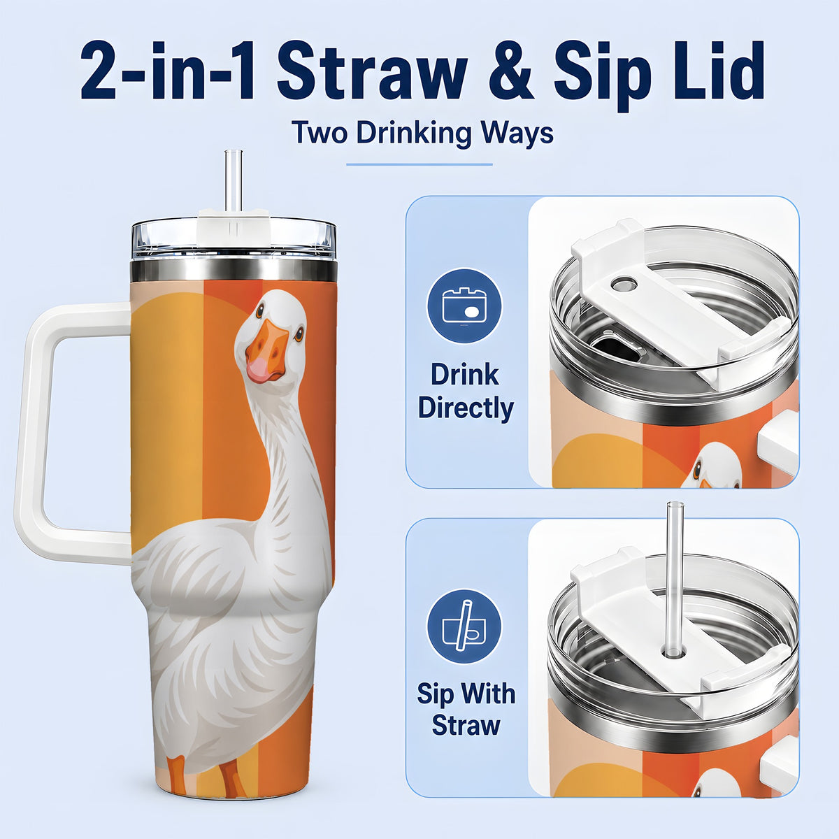 #pl[40oz|White] Retro Goose 40oz Tumbler with Orange Stripes and Sun Artwork