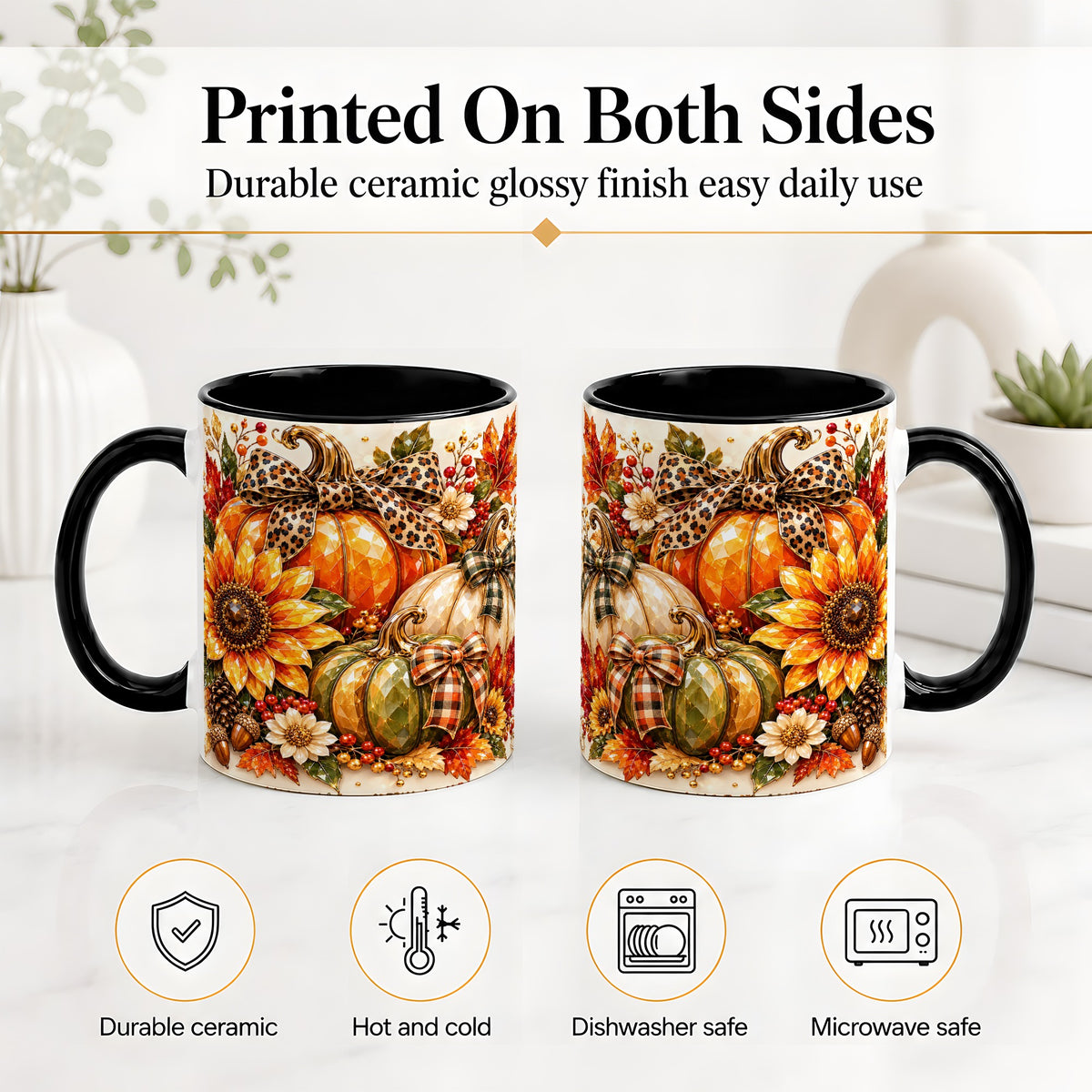 #pl[11oz|Black] Fall Pumpkin Bow Ceramic Mug, Sunflower Maple Leaf Artwork