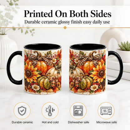 #pl[11oz|Black] Fall Pumpkin Bow Ceramic Mug, Sunflower Maple Leaf Artwork