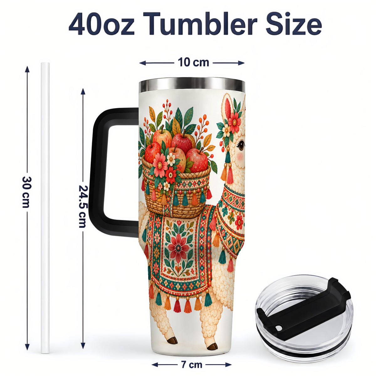 #pl[40oz|Black] Floral Llama 40oz Tumbler with Apples and Folk Pattern Artwork