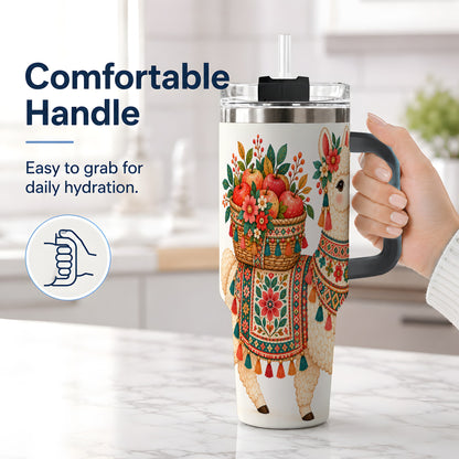 #pl[40oz|Black] Floral Llama 40oz Tumbler with Apples and Folk Pattern Artwork