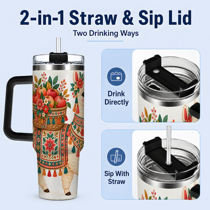 #pl[40oz|Black] Floral Llama 40oz Tumbler with Apples and Folk Pattern Artwork