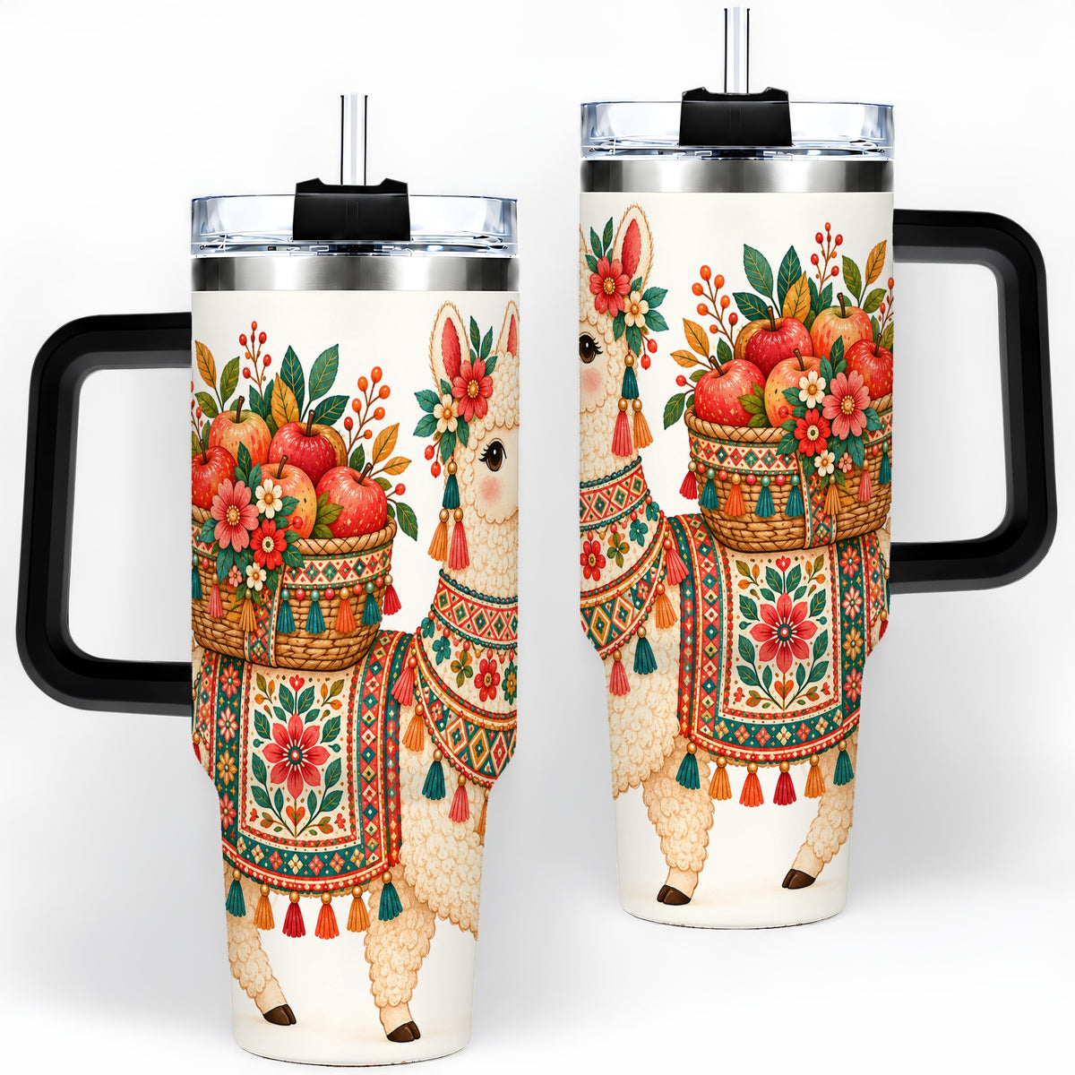 #pl[40oz|Black] Floral Llama 40oz Tumbler with Apples and Folk Pattern Artwork