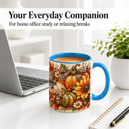 #pl[11oz|Blue] Fall Pumpkin Bow Ceramic Mug, Sunflower Maple Leaf Artwork