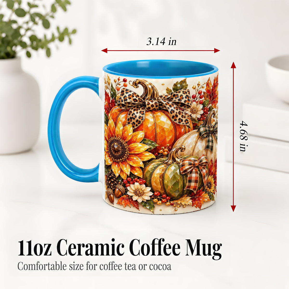 #pl[11oz|Blue] Fall Pumpkin Bow Ceramic Mug, Sunflower Maple Leaf Artwork