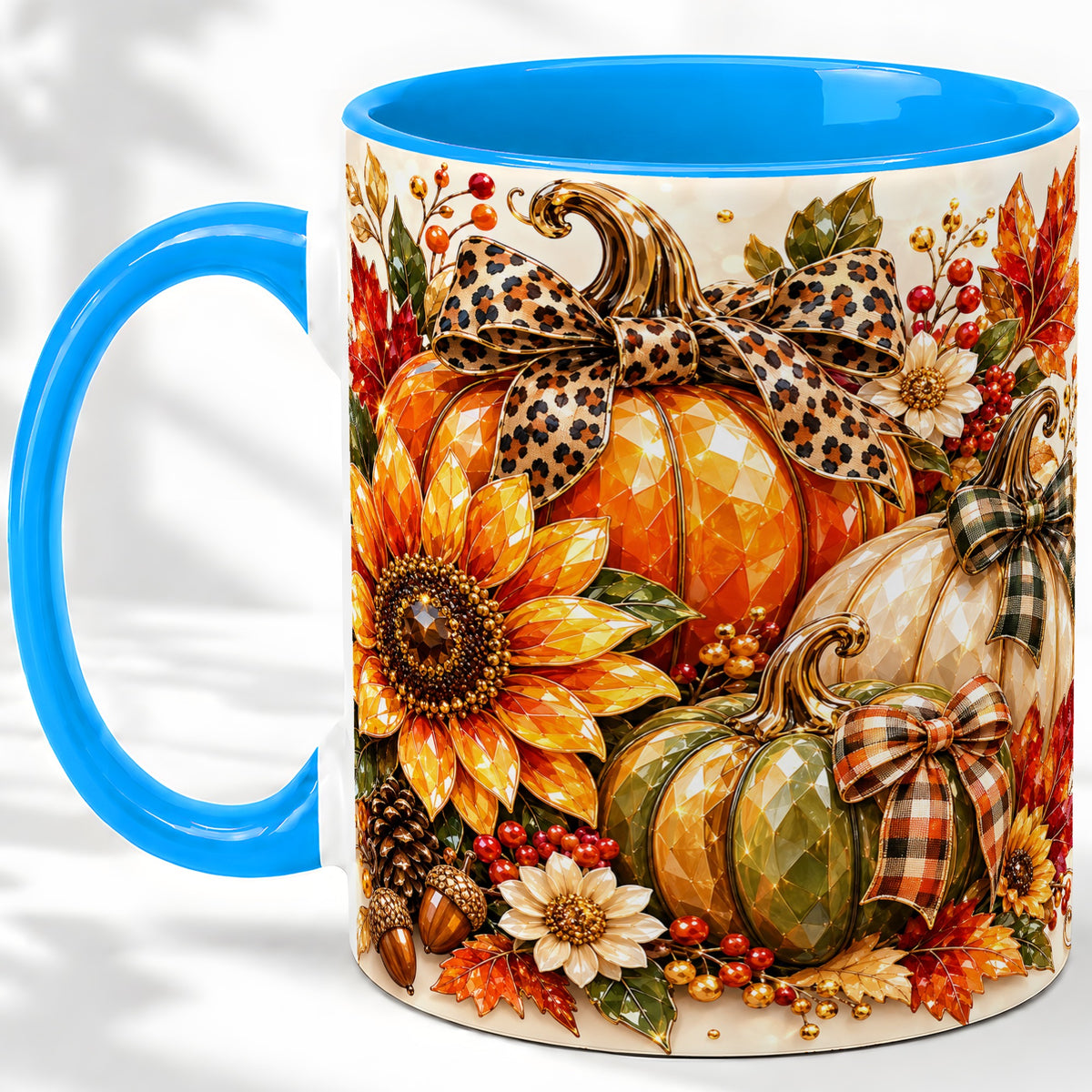 #pl[11oz|Blue] Fall Pumpkin Bow Ceramic Mug, Sunflower Maple Leaf Artwork